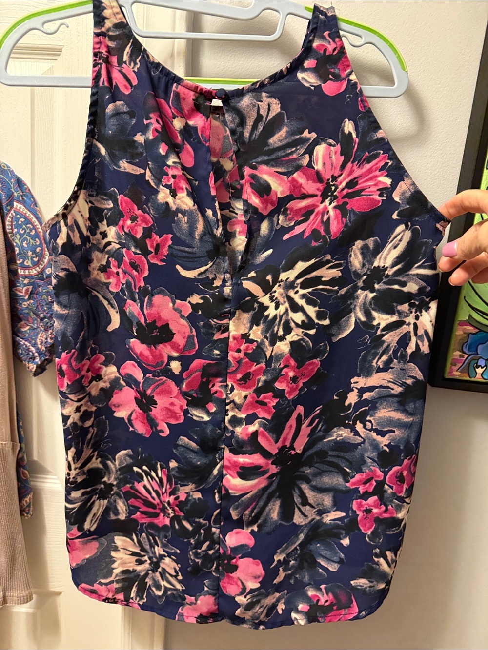 Allison Joy Navy Floral Tank Top with Pink and Cream Accents - Picture 2 of 4
